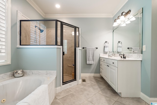 1048 Eagle Hollow Dr, Birmingham, AL 35242 - bathroom with a stall shower, vanity, a bath, ornamental molding, and tile patterned flooring