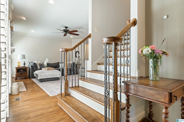 1048 Eagle Hollow Dr, Birmingham, AL 35242 - staircase featuring ceiling fan, wood finished floors, ornamental molding, and recessed lighting