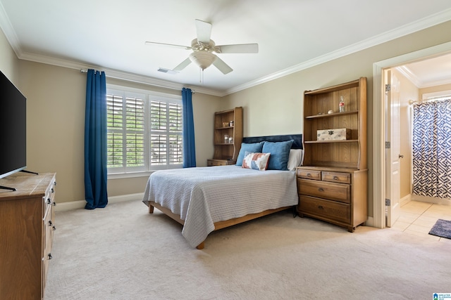 1048 Eagle Hollow Dr, Birmingham, AL 35242 - bedroom with light carpet, crown molding, baseboards, ensuite bath, and a ceiling fan