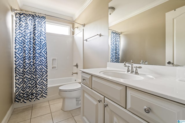 1048 Eagle Hollow Dr, Birmingham, AL 35242 - full bath with crown molding, tile patterned flooring, toilet, vanity, and shower / tub combo with curtain