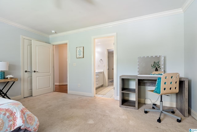 1048 Eagle Hollow Dr, Birmingham, AL 35242 - bedroom featuring light colored carpet, crown molding, baseboards, and ensuite bathroom
