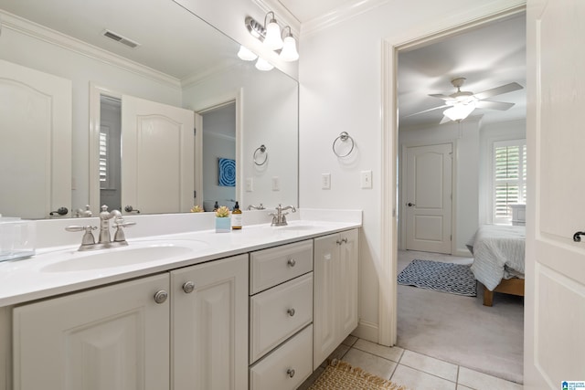 1048 Eagle Hollow Dr, Birmingham, AL 35242 - ensuite bathroom featuring tile patterned floors, a ceiling fan, double vanity, and crown molding
