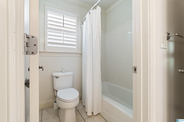 1048 Eagle Hollow Dr, Birmingham, AL 35242 - bathroom with tile patterned flooring, crown molding, toilet, shower / bath combination with curtain, and baseboards