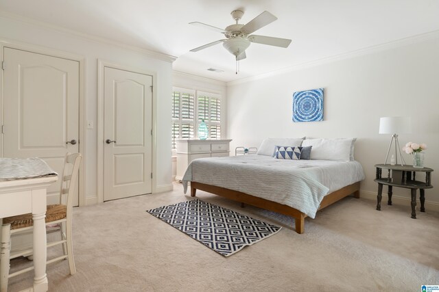 1048 Eagle Hollow Dr, Birmingham, AL 35242 - bedroom with ornamental molding, light colored carpet, baseboards, and ceiling fan