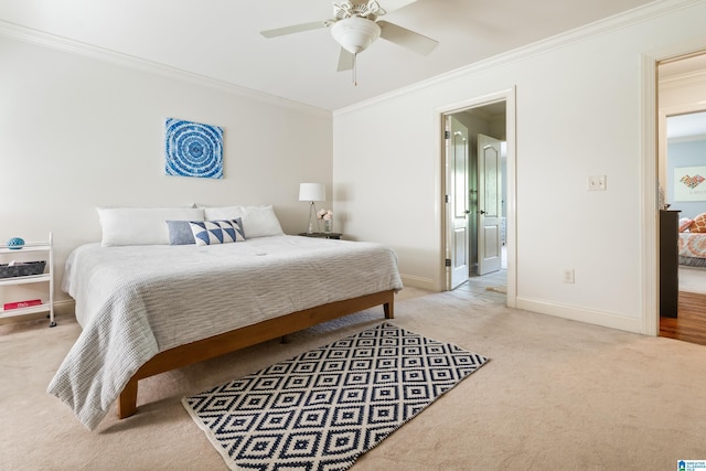 1048 Eagle Hollow Dr, Birmingham, AL 35242 - bedroom with light colored carpet, crown molding, baseboards, ceiling fan, and connected bathroom