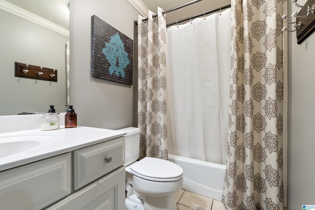 1048 Eagle Hollow Dr, Birmingham, AL 35242 - bathroom featuring vanity, ornamental molding, toilet, tile patterned flooring, and shower / bath combination with curtain