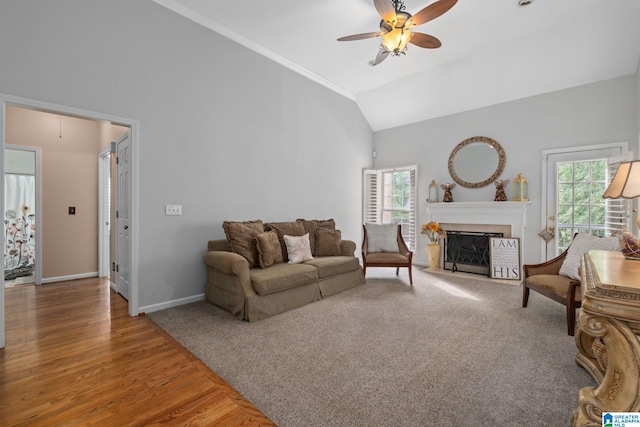 126 Landale Dr, Sterrett, AL 35147 - living room with healthy amount of natural light, ceiling fan, a fireplace with flush hearth, baseboards, and high vaulted ceiling