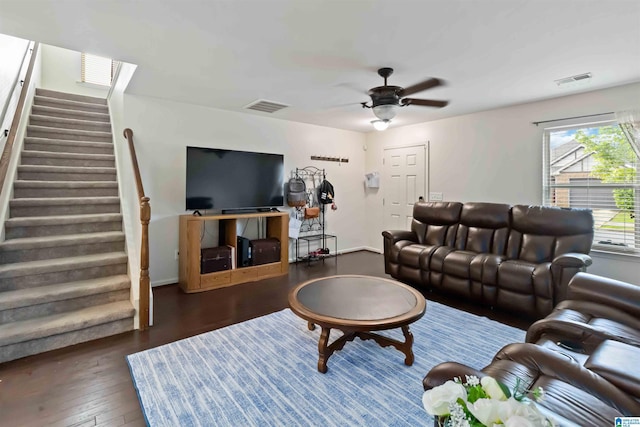 22873 Downing Park Cir, Mccalla, AL 35111 - living area featuring stairway, ceiling fan, and hardwood / wood-style flooring