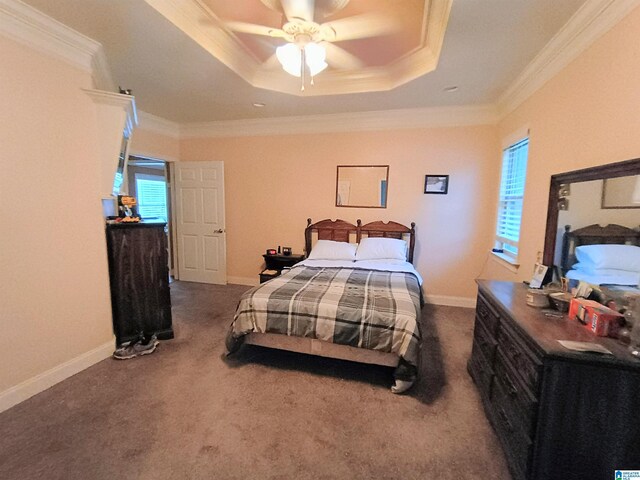 335 Shady Hollow Ln, Talladega, AL 35160 - bedroom with a tray ceiling, crown molding, carpet floors, ceiling fan, and baseboards