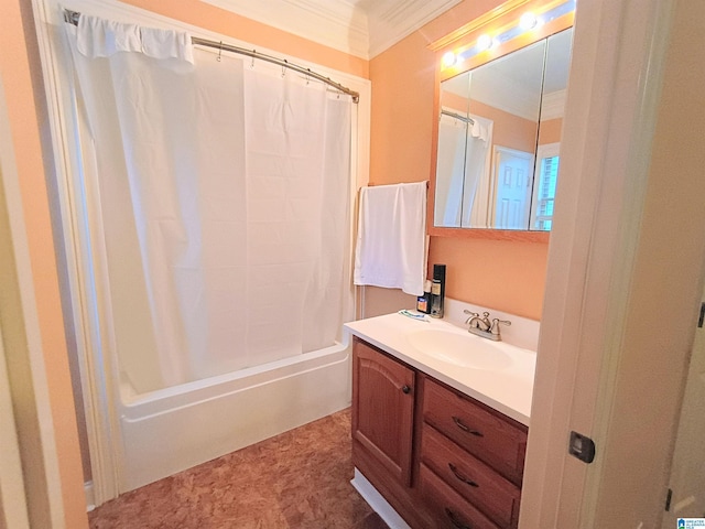 335 Shady Hollow Ln, Talladega, AL 35160 - bathroom with vanity, crown molding, and shower / bath combo with shower curtain