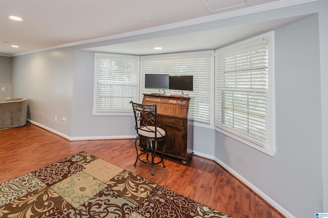 3309 Eaton Rd, Mountain Brook, AL 35223 - office area featuring wood finished floors, ornamental molding, baseboards, and recessed lighting