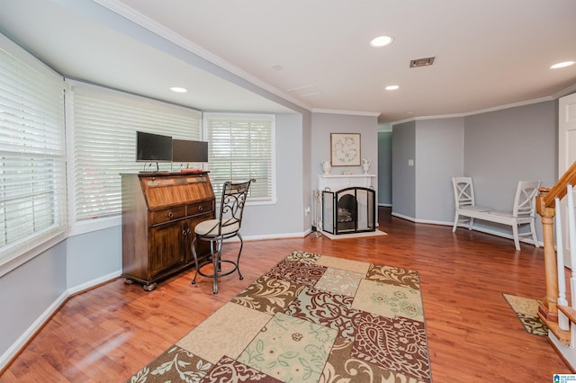 3309 Eaton Rd, Mountain Brook, AL 35223 - office space featuring baseboards, crown molding, plenty of natural light, wood finished floors, and recessed lighting