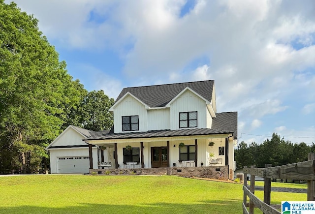 185 Meadowbrook Dr, Piedmont, AL 36272 - modern inspired farmhouse featuring a standing seam roof, a porch, a shingled roof, a front yard, and metal roof
