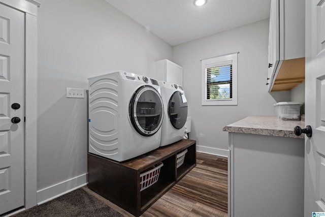 185 Meadowbrook Dr, Piedmont, AL 36272 - laundry area featuring cabinet space, washing machine and dryer, baseboards, and dark wood-style flooring