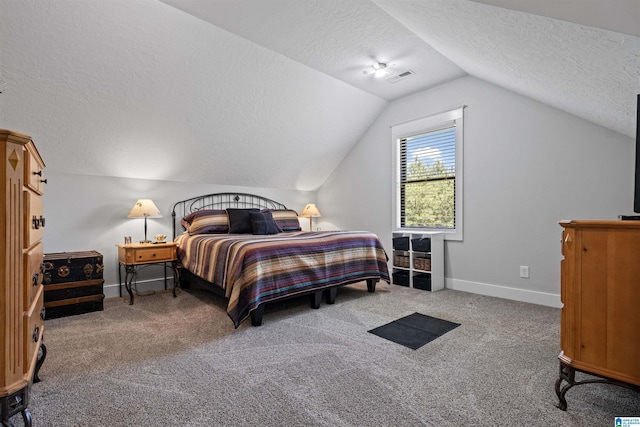 185 Meadowbrook Dr, Piedmont, AL 36272 - bedroom featuring a textured ceiling, lofted ceiling, carpet floors, and baseboards