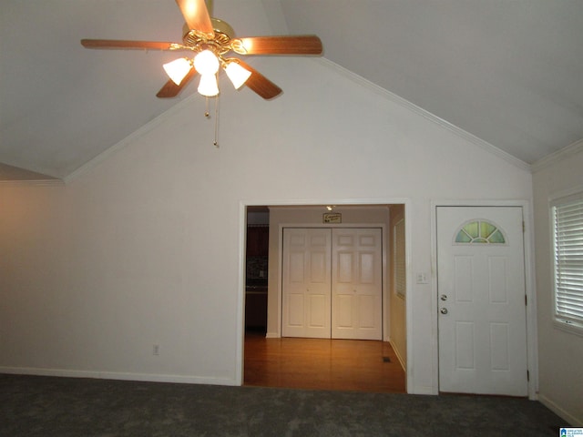 4634 Honeysuckle Rd, Quinton, AL 35130 - foyer with a ceiling fan, crown molding, carpet floors, high vaulted ceiling, and baseboards