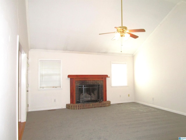 4634 Honeysuckle Rd, Quinton, AL 35130 - unfurnished living room featuring ceiling fan, a fireplace, crown molding, vaulted ceiling, and carpet flooring