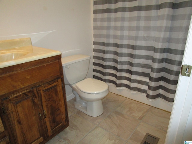 4634 Honeysuckle Rd, Quinton, AL 35130 - bathroom featuring toilet, vanity, curtained shower, and tile patterned flooring