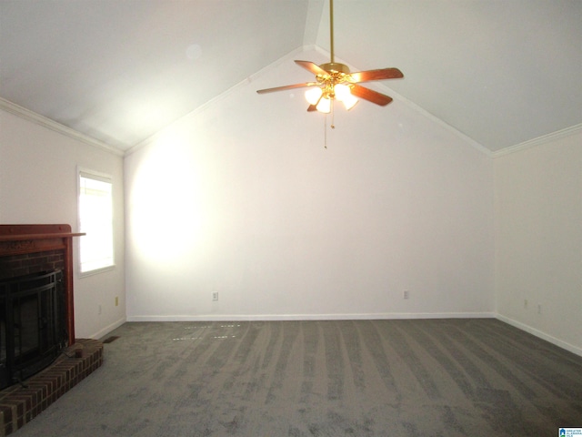 4634 Honeysuckle Rd, Quinton, AL 35130 - unfurnished living room featuring lofted ceiling, a ceiling fan, dark colored carpet, a brick fireplace, and crown molding