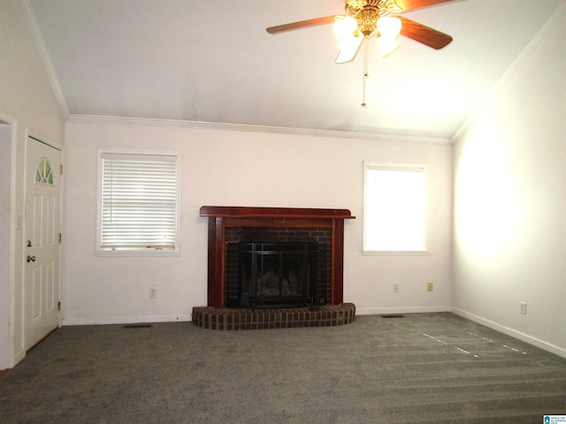 4634 Honeysuckle Rd, Quinton, AL 35130 - unfurnished living room with ornamental molding, vaulted ceiling, a ceiling fan, carpet flooring, and a fireplace