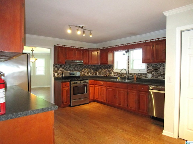 4634 Honeysuckle Rd, Quinton, AL 35130 - kitchen with stainless steel appliances, under cabinet range hood, a sink, dark countertops, and light wood-style flooring
