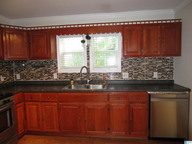 4634 Honeysuckle Rd, Quinton, AL 35130 - kitchen with a sink, appliances with stainless steel finishes, ornamental molding, dark countertops, and decorative backsplash
