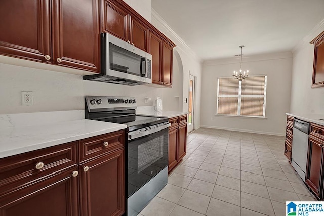 653 Talon Trce, Birmingham, AL 35242 - kitchen featuring stainless steel appliances, a chandelier, ornamental molding, light tile patterned flooring, and hanging light fixtures