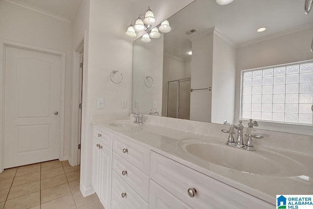 653 Talon Trce, Birmingham, AL 35242 - bathroom featuring double vanity, tile patterned flooring, a shower stall, and ornamental molding