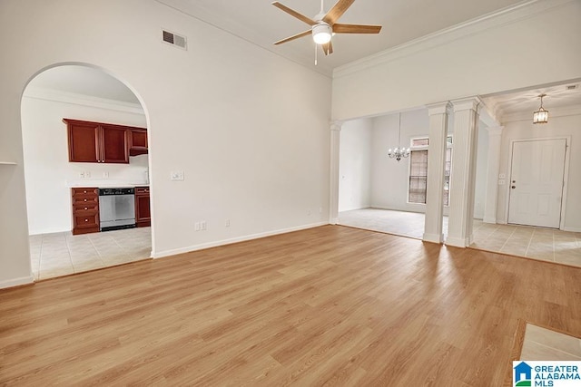 653 Talon Trce, Birmingham, AL 35242 - spare room with ceiling fan, ornamental molding, light wood finished floors, ornate columns, and a chandelier
