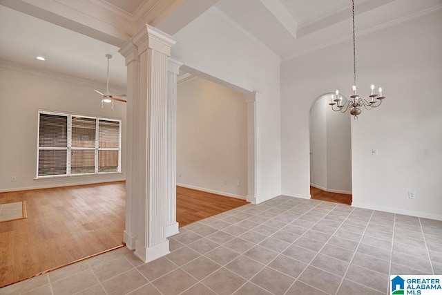 653 Talon Trce, Birmingham, AL 35242 - empty room featuring ornate columns, ornamental molding, a ceiling fan, light tile patterned flooring, and a chandelier