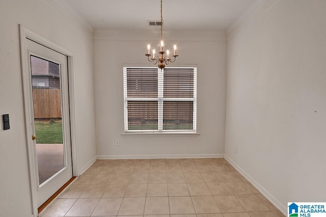 653 Talon Trce, Birmingham, AL 35242 - unfurnished dining area with a chandelier, healthy amount of natural light, light tile patterned floors, crown molding, and baseboards