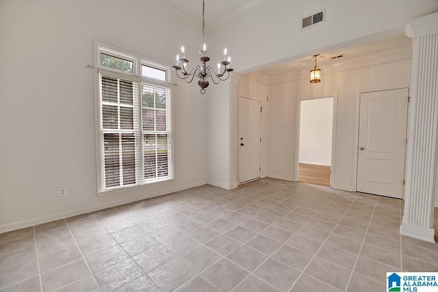 653 Talon Trce, Birmingham, AL 35242 - unfurnished dining area featuring light tile patterned flooring, a chandelier, crown molding, and baseboards