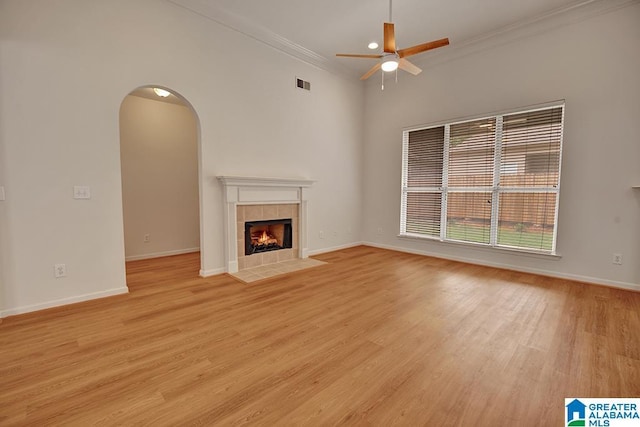 653 Talon Trce, Birmingham, AL 35242 - unfurnished living room featuring ceiling fan, ornamental molding, a fireplace, light wood-type flooring, and baseboards