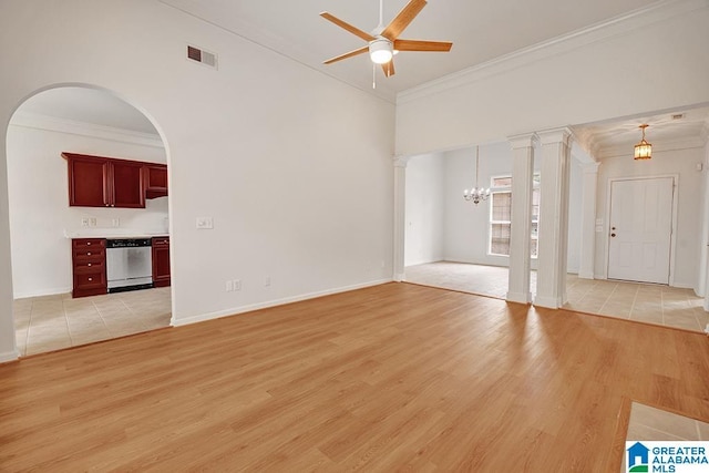 653 Talon Trce, Birmingham, AL 35242 - unfurnished living room with ornamental molding, a chandelier, ceiling fan, light wood finished floors, and arched walkways