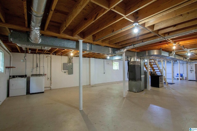1725 Faircrest Dr, Hueytown, AL 35023 - basement with washing machine and dryer, electric panel, and heating unit