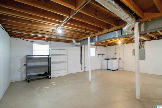 1725 Faircrest Dr, Hueytown, AL 35023 - below grade area featuring washer and dryer, electric panel, healthy amount of natural light, and concrete block wall