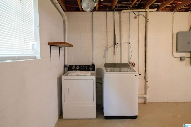 1725 Faircrest Dr, Hueytown, AL 35023 - washroom with washing machine and clothes dryer, electric panel, and concrete block wall