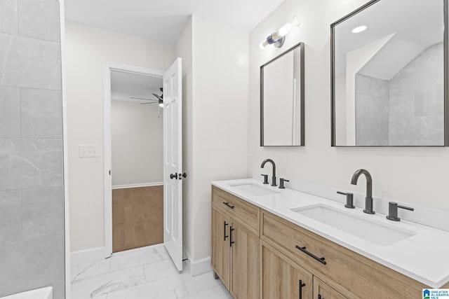 1608 Kestwick Dr, Hoover, AL 35226 - full bath featuring marble finish flooring, baseboards, double vanity, and ceiling fan