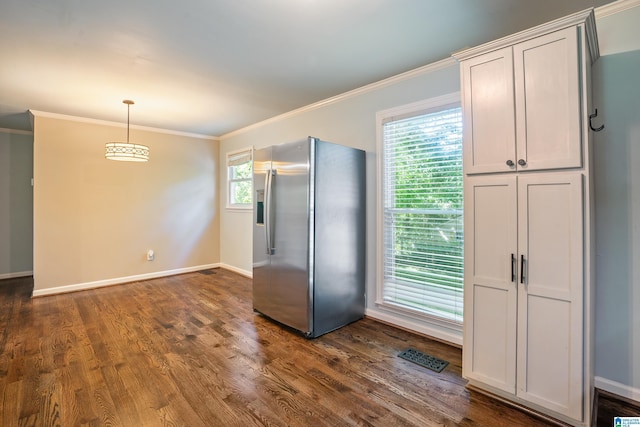 295 Walden Ct, Montevallo, AL 35115 - kitchen featuring stainless steel fridge with ice dispenser, ornamental molding, dark wood-type flooring, and baseboards