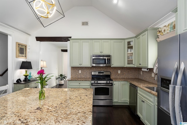 3701 James Hill Ter, Hoover, AL 35226 - kitchen featuring green cabinets, stainless steel appliances, vaulted ceiling, dark wood-style floors, and light stone countertops