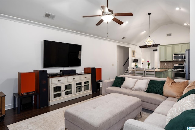 3701 James Hill Ter, Hoover, AL 35226 - living area with a ceiling fan, dark wood-style flooring, vaulted ceiling, stairway, and recessed lighting
