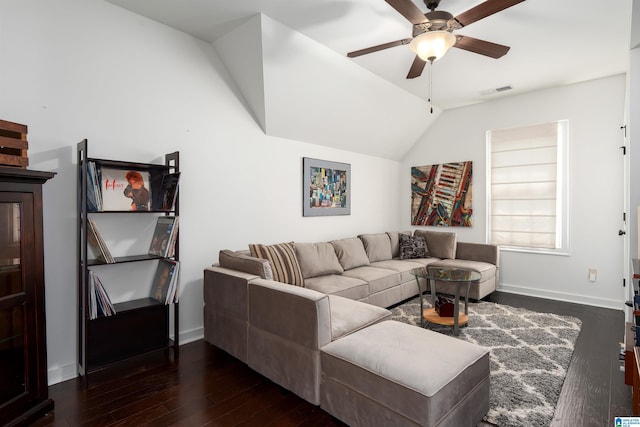 3701 James Hill Ter, Hoover, AL 35226 - living room featuring a ceiling fan, wood finished floors, baseboards, and lofted ceiling