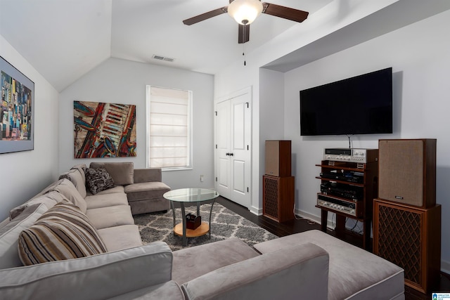 3701 James Hill Ter, Hoover, AL 35226 - living room with ceiling fan, dark wood finished floors, lofted ceiling, and baseboards