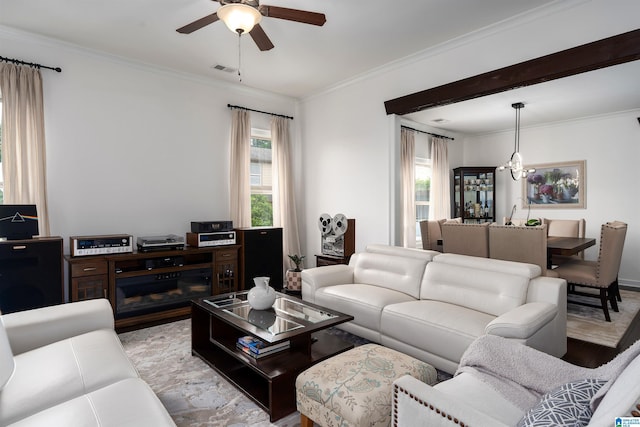 3701 James Hill Ter, Hoover, AL 35226 - living area featuring wood finished floors, a ceiling fan, and crown molding