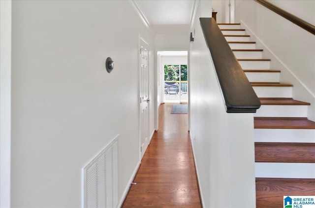 113 Pine Cliff Cir, Hoover, AL 35226 - staircase featuring wood finished floors and crown molding