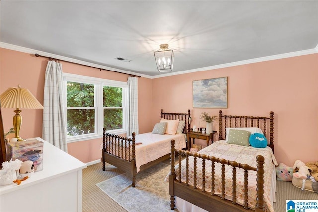 113 Pine Cliff Cir, Hoover, AL 35226 - bedroom with light colored carpet, a chandelier, crown molding, and baseboards