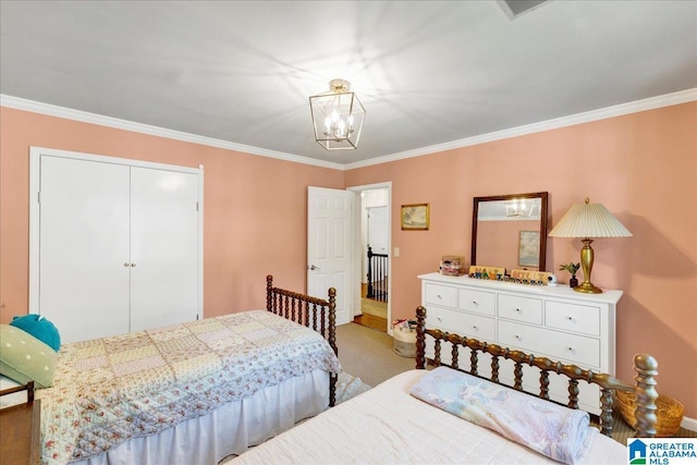 113 Pine Cliff Cir, Hoover, AL 35226 - bedroom with a chandelier, crown molding, carpet floors, and a closet