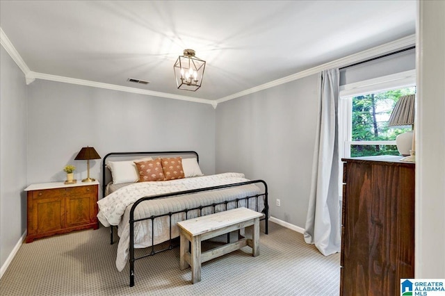 113 Pine Cliff Cir, Hoover, AL 35226 - bedroom featuring crown molding, light carpet, baseboards, and a chandelier