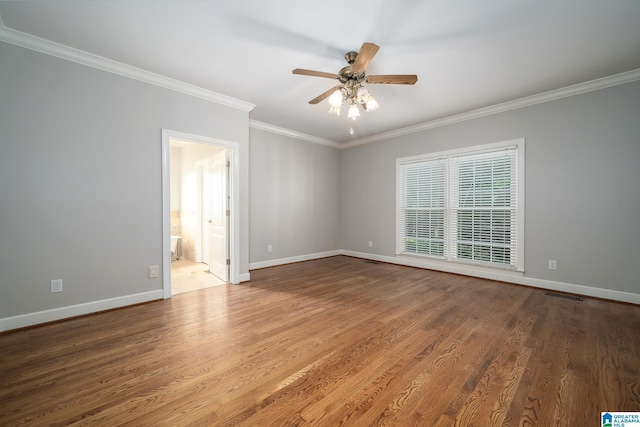 295 Ridge View Way, Springville, AL 35146 - unfurnished room featuring ornamental molding, a ceiling fan, baseboards, and wood finished floors