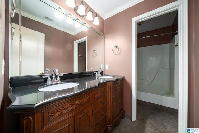 295 Ridge View Way, Springville, AL 35146 - full bathroom with double vanity, crown molding, tile patterned flooring, tub / shower combination, and baseboards